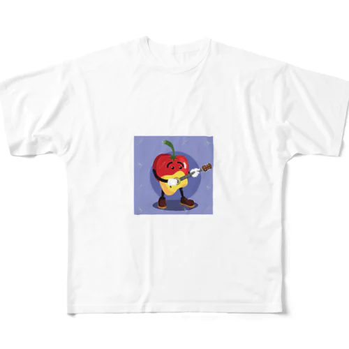 イラストのギターを弾くトマトくん フルグラフィックTシャツ