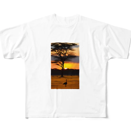 ダチョウと夕日 All-Over Print T-Shirt