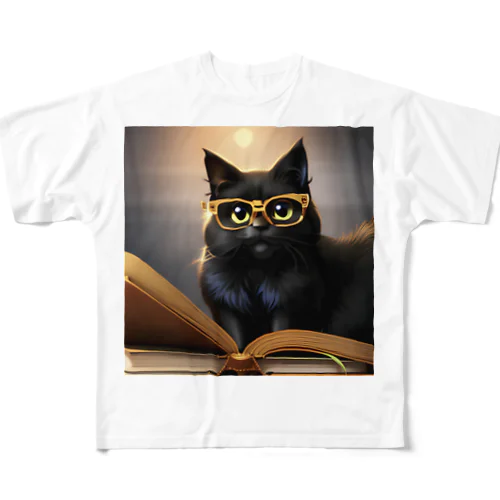 幸運をもたらすといわれる黒猫グッズ フルグラフィックTシャツ