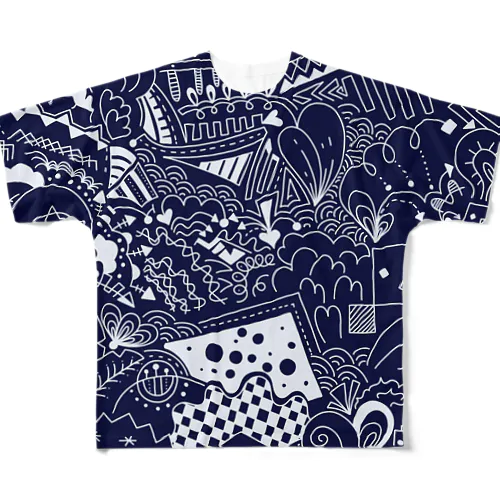 black and doodle art フルグラフィックTシャツ