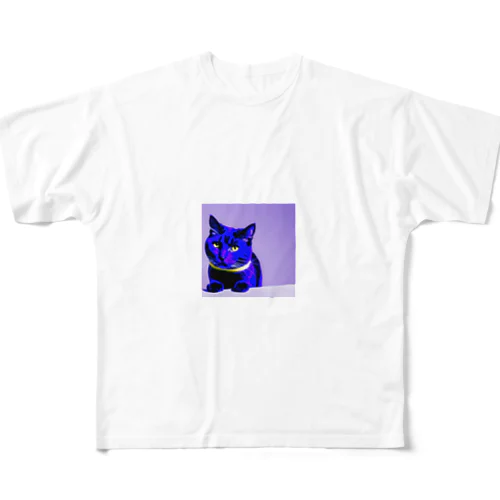 ネオンに染まった猫 フルグラフィックTシャツ