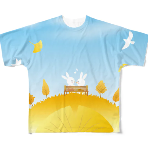 イチョウの葉と丘の上のウサギ達 All-Over Print T-Shirt
