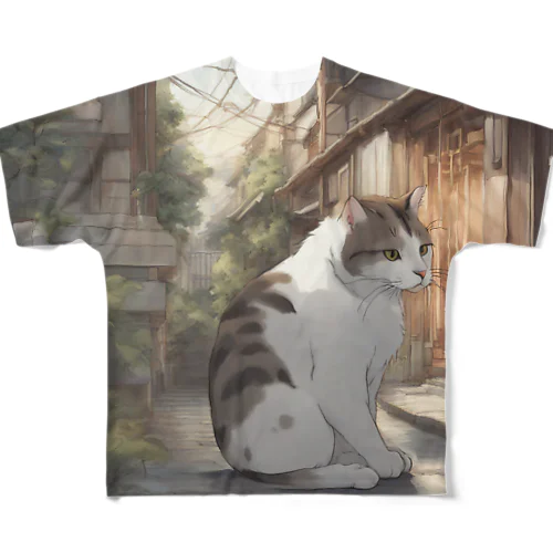 懐かしい雰囲気に包まれた猫のアートプリント フルグラフィックTシャツ