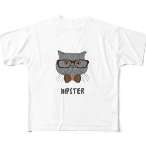 Grey Illustrated Cat Hipster T-Shirt All-Over Print T-Shirt