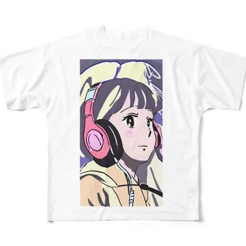 ヘッドフォンを付けた女性キャラクターグッズ フルグラフィックTシャツ