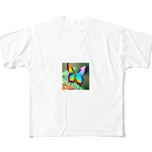花に舞い降りた虹色の蝶のグッズ フルグラフィックTシャツ