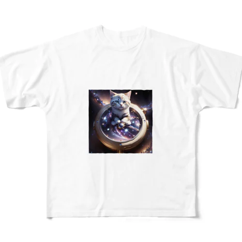 猫と宇宙の時計 フルグラフィックTシャツ