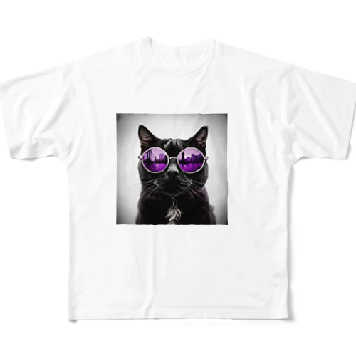 黒猫紫サングラス フルグラフィックTシャツ