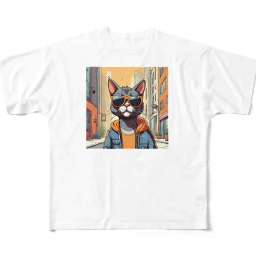 サングラス猫in都会 フルグラフィックTシャツ