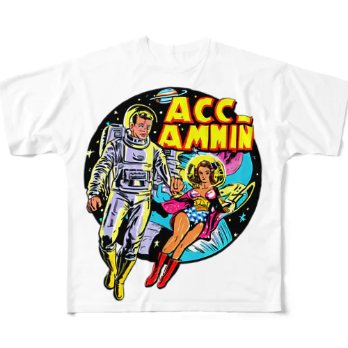 宇宙の男女　　昔のアメコミ風 フルグラフィックTシャツ