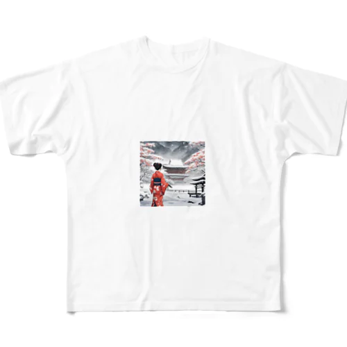 和服女性と雪景色 All-Over Print T-Shirt