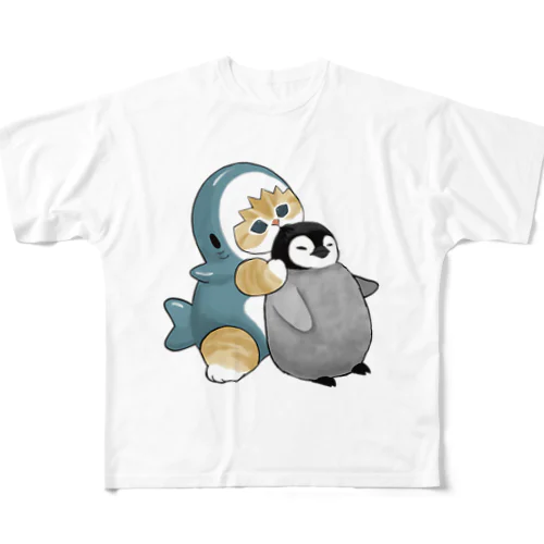 サメにゃんペンギン吸い フルグラフィックTシャツ