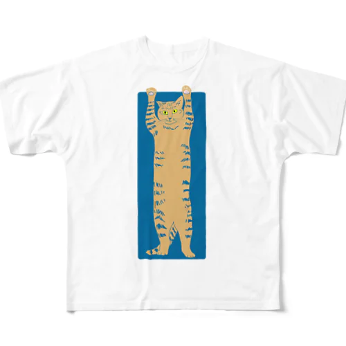 バンザイ猫　ブルー フルグラフィックTシャツ