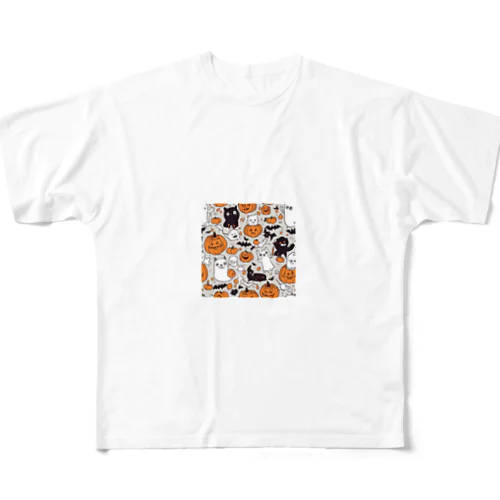 ハロウィン　猫　かぼちゃ フルグラフィックTシャツ