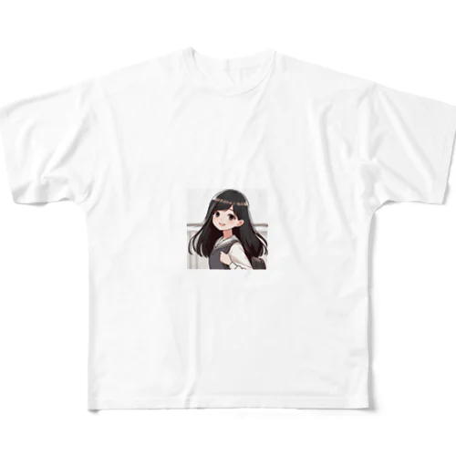 かわいい黑髪ヘアの女の子 フルグラフィックTシャツ