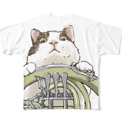 きじしろねこホルン フルグラフィックTシャツ