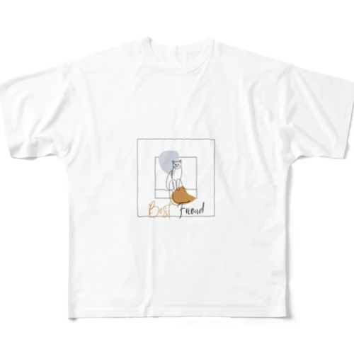 猫のアトリエ: アートやクリエイティブな猫デザイン　文字「Best Friend」 All-Over Print T-Shirt