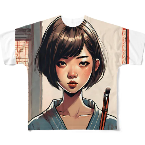 おかっぱ頭のミステリアスな女性画家 All-Over Print T-Shirt