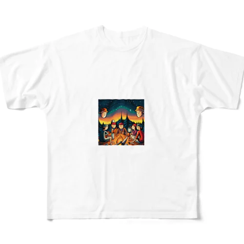 焚火を囲んで和む フルグラフィックTシャツ