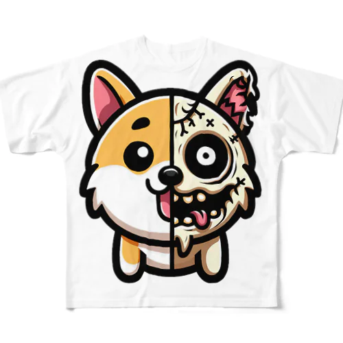 かわいい芝犬グッズ　ゾンビ化 フルグラフィックTシャツ