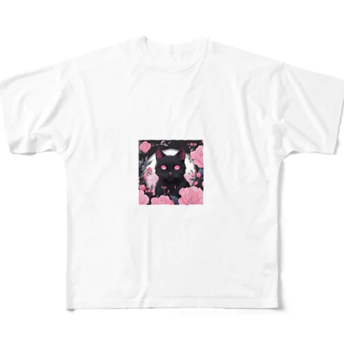 花と黒猫 フルグラフィックTシャツ