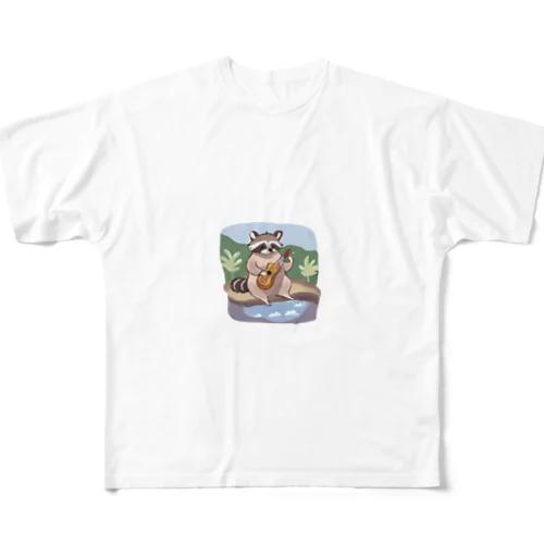 【大分県】タヌキが温泉地で湯につかりながら楽器を演奏する フルグラフィックTシャツ