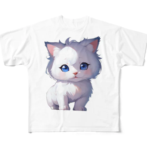 ホワイトにゃんこ フルグラフィックTシャツ