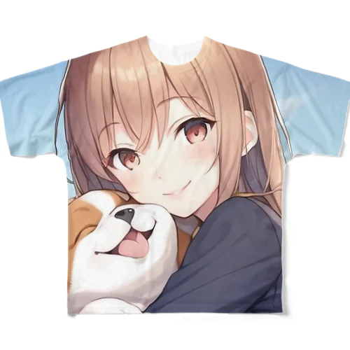 愛犬を抱きしめる少女 All-Over Print T-Shirt