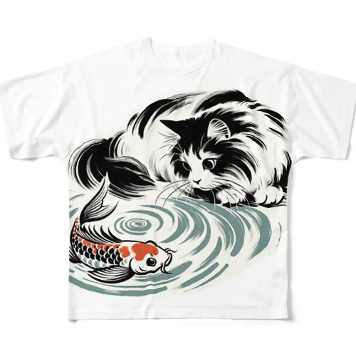 猫と鯉（水墨画風） All-Over Print T-Shirt