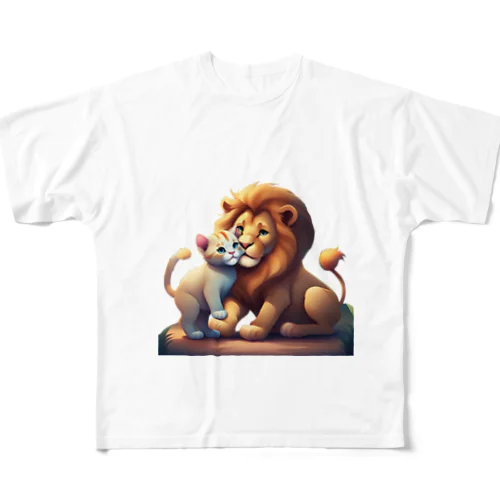 仲良しな猫とライオン フルグラフィックTシャツ