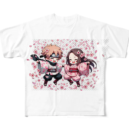 桜柄の忍者服イラスト入り All-Over Print T-Shirt