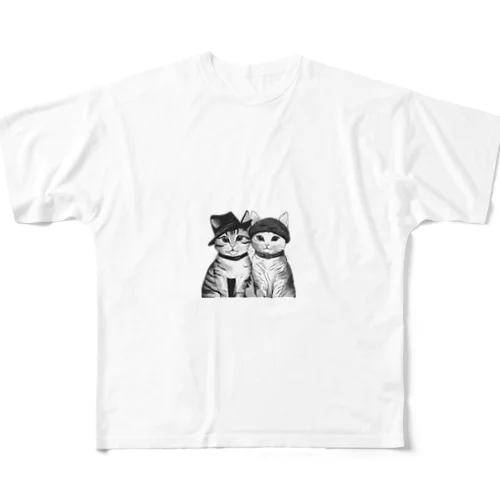帽子を被った猫夫婦 フルグラフィックTシャツ