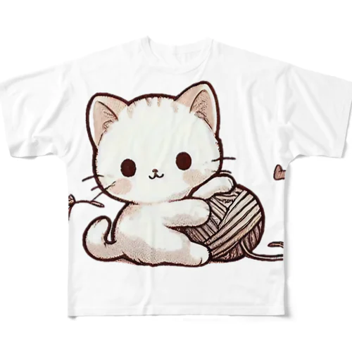 ふわふわ白猫の癒しグッズ フルグラフィックTシャツ