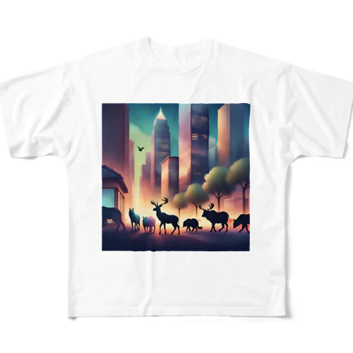 ジャングルを抜け出し都会に来た動物たち All-Over Print T-Shirt