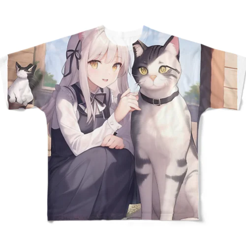 猫と猫耳少女 フルグラフィックTシャツ