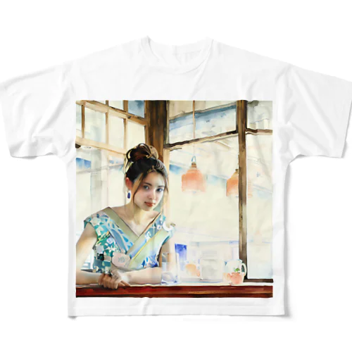 日本人女性カフェ フルグラフィックTシャツ