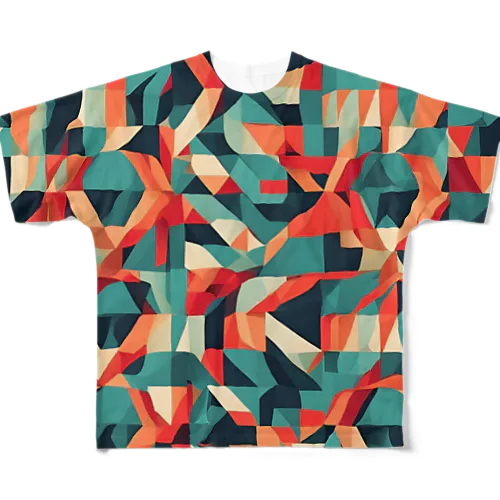 グリーンとオレンジの洗練された幾何学模様 フルグラフィックTシャツ