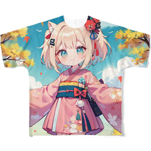 可愛い女の子　秋晴れ フルグラフィックTシャツ