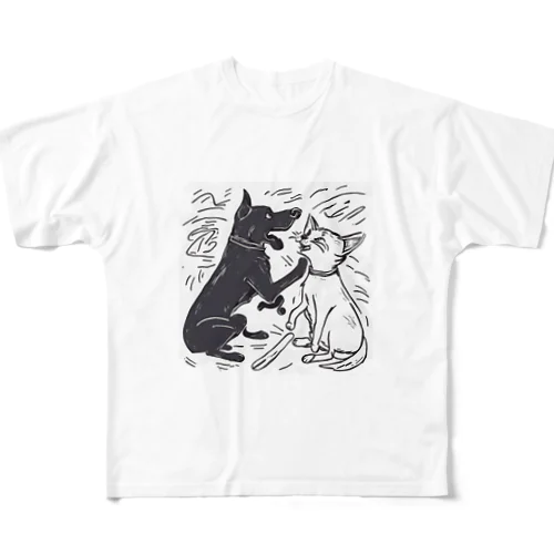 犬と猫のたたかい フルグラフィックTシャツ