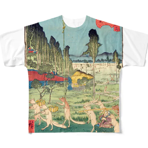 狐　江戸名所道戯尽　十六　王子狐火 / Comical Views of Famous Places in Edo 16 Ouji Kitsunebi All-Over Print T-Shirt