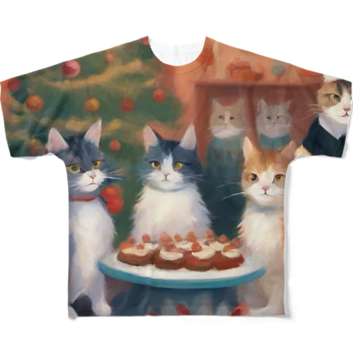 クリスマスパーティ中の猫たち フルグラフィックTシャツ