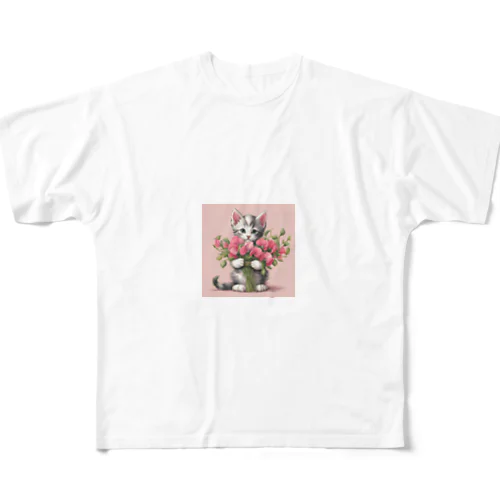 スイートピーと猫　1月の誕生花 All-Over Print T-Shirt