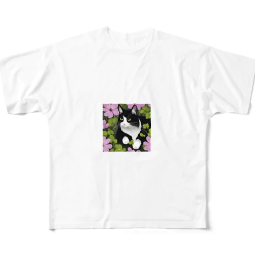 ハチワレ白黒猫とオキザリス All-Over Print T-Shirt