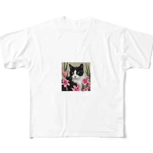 ハチワレ白黒猫とクレマチス フルグラフィックTシャツ