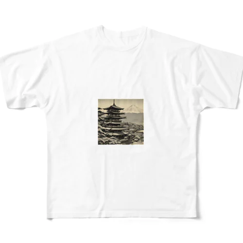 モノクロ山と寺 All-Over Print T-Shirt