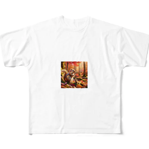 シマリスの親子と紅葉狩り All-Over Print T-Shirt