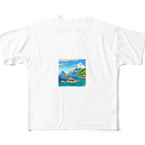 ドット　ボラボラ島のオーバーウォーターバンガロー フルグラフィックTシャツ