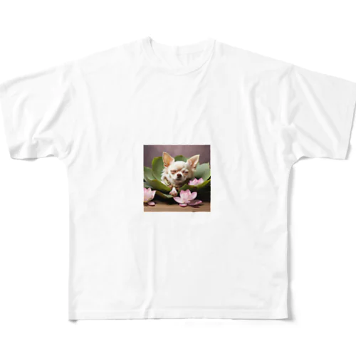 チワワと睡蓮のコラボ フルグラフィックTシャツ