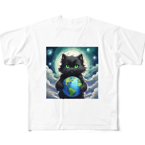 地球を抱きかかえる黒猫05 フルグラフィックTシャツ