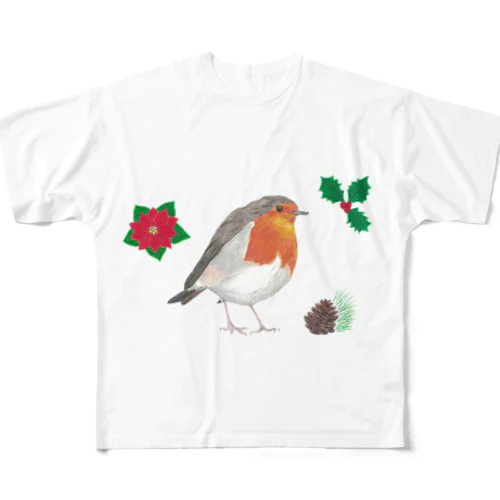 [森図鑑] クリスマスロビン(西洋こまどり)A フルグラフィックTシャツ